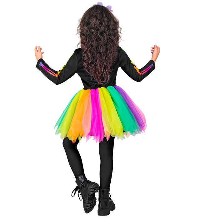 Skelett-Kostüm mit schwarzem Kleid, Tutu und Haarreif mit Totenkopf und Schleife