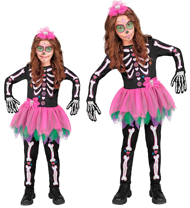 Skelett-Kostüm mit schwarzem Tutu und Haarreif mit Totenkopf