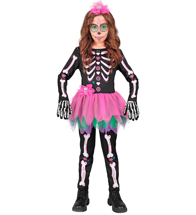 Skelett-Kostüm mit schwarzem Tutu und Haarreif mit Totenkopf