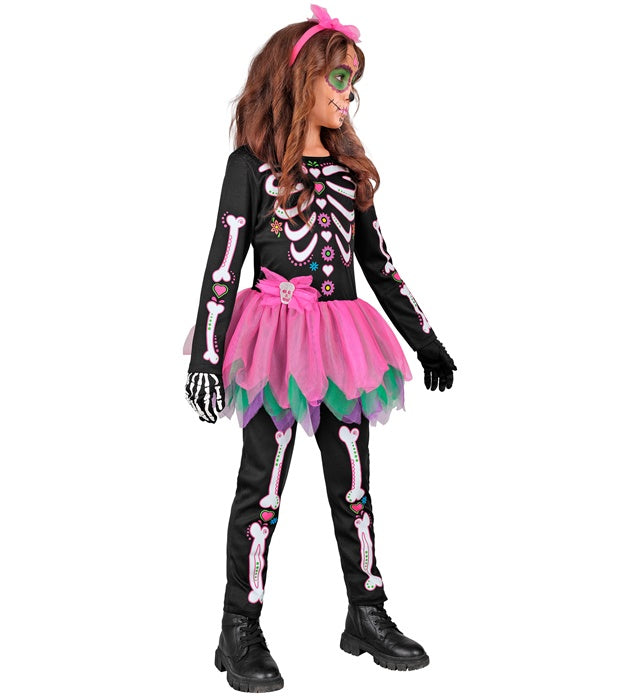Skelett-Kostüm mit schwarzem Tutu und Haarreif mit Totenkopf
