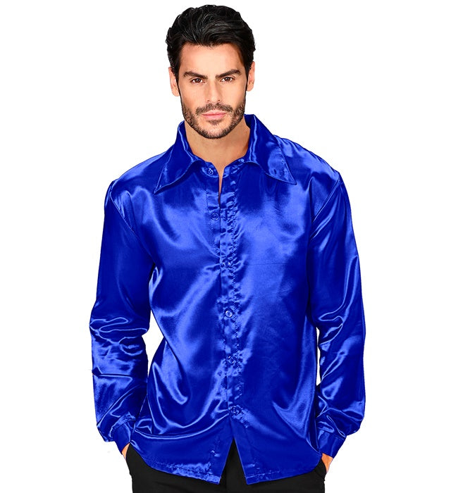 Blaues 70er Jahre Disco Hemd aus glänzendem Satin mit weitem Kragen