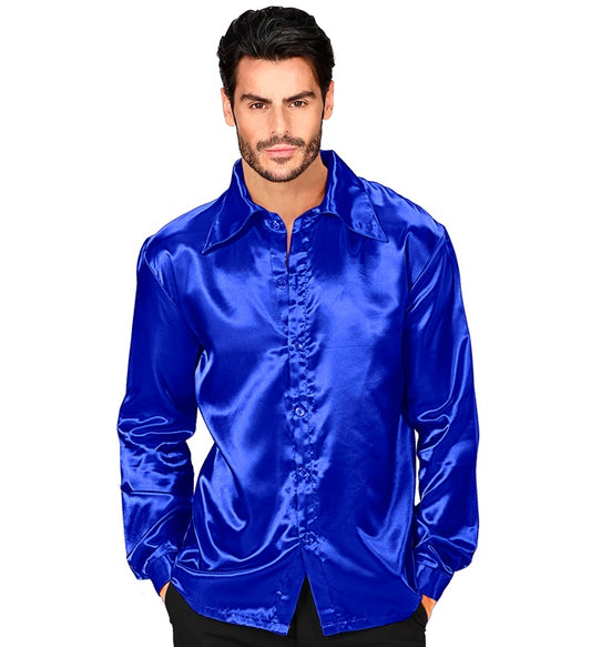 Blaues 70er Jahre Disco Hemd aus glänzendem Satin mit weitem Kragen