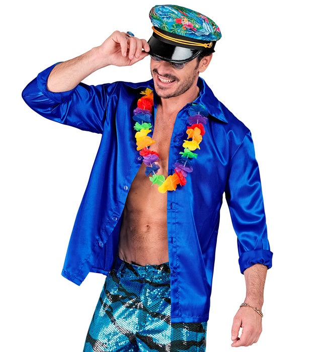 Blaues 70er Jahre Disco Hemd aus glänzendem Satin mit weitem Kragen