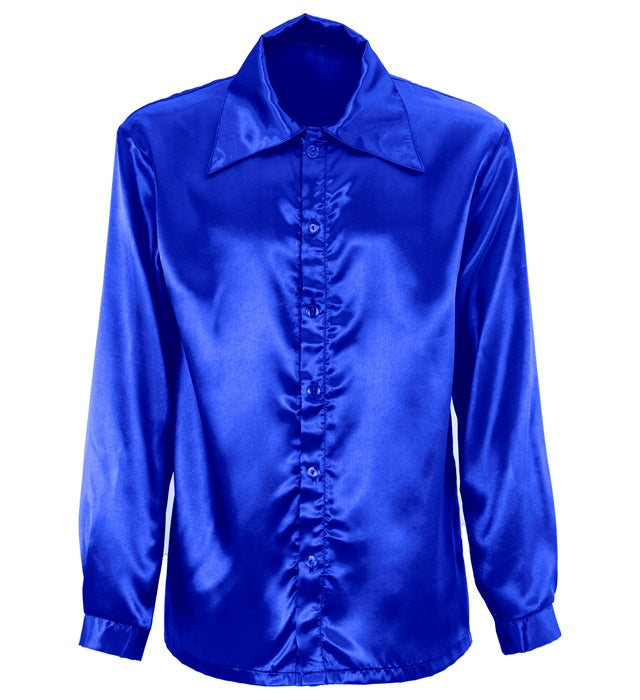 Blaues 70er Jahre Disco Hemd aus glänzendem Satin mit weitem Kragen