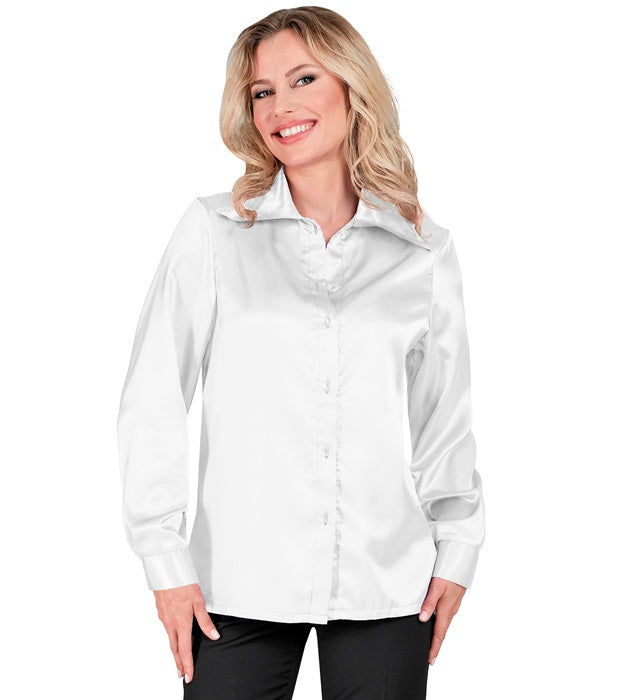Weisse 70er Jahre Disco Bluse aus glänzendem Satin für Fasnacht und Mottoparty
