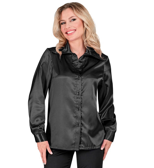 Schwarze 70s Disco Bluse aus glänzendem Satin im typischen 70er Jahre Stil