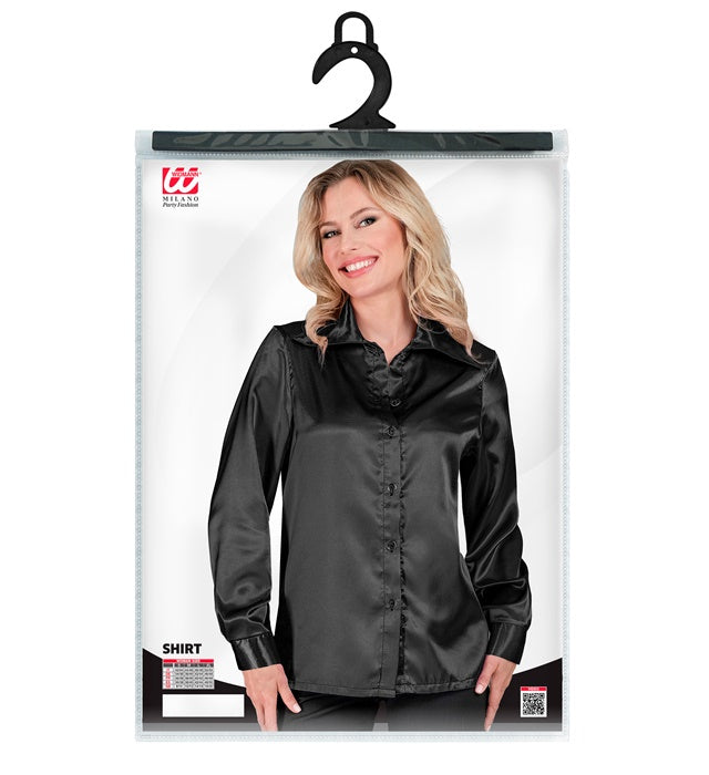 Schwarze 70s Disco Bluse aus glänzendem Satin im typischen 70er Jahre Stil