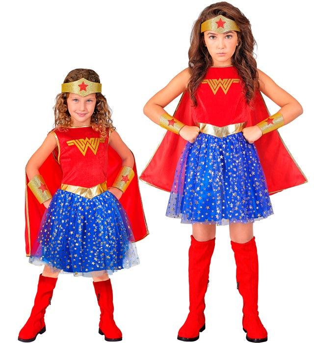 Wonder Girl Kostüm bestehend aus Kleid mit Umhang, Stirnband und Armstulpen