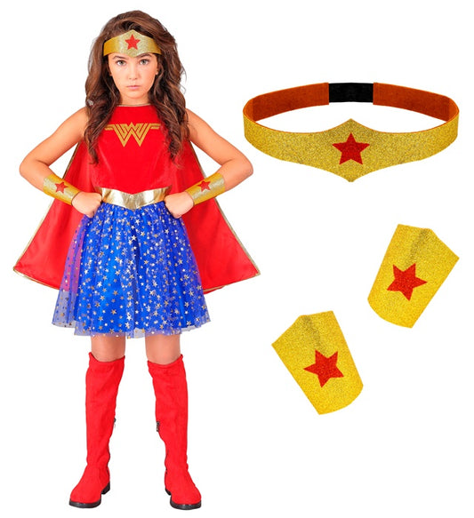 Wonder Girl Kostüm bestehend aus Kleid mit Umhang, Stirnband und Armstulpen