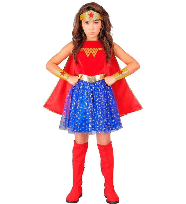 Wonder Girl Kostüm bestehend aus Kleid mit Umhang, Stirnband und Armstulpen