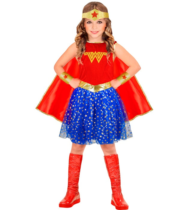 Wonder Girl Kostüm bestehend aus Kleid mit Umhang, Stirnband und Armstulpen