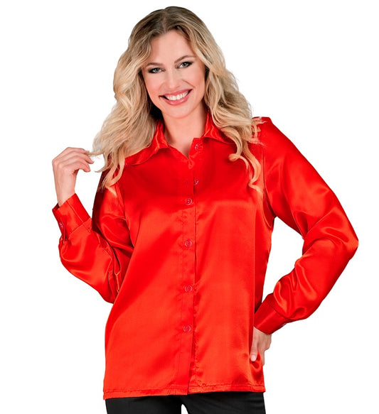 Rote 70s Disco Bluse aus Satin mit weitem Kragen und langem Arm