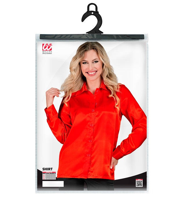 Rote 70s Disco Bluse aus Satin mit weitem Kragen und langem Arm