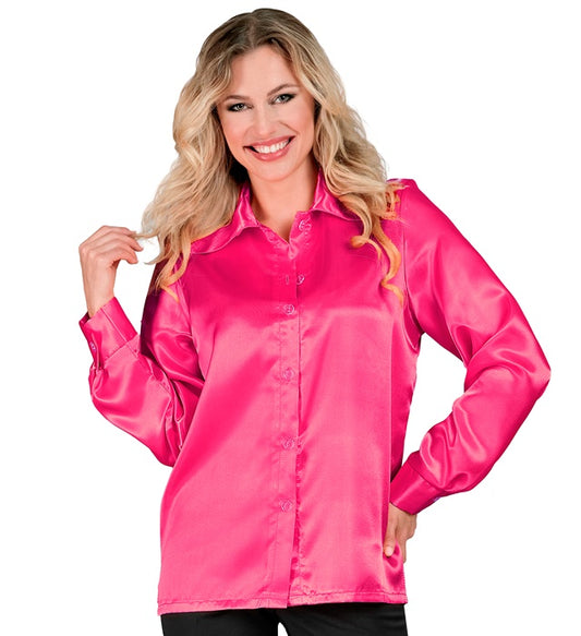 Pink glänzende 70er Jahre Disco Bluse aus Satin für Fasnacht