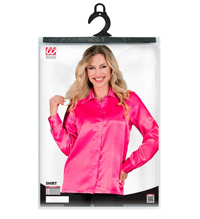 Pink glänzende 70er Jahre Disco Bluse aus Satin für Fasnacht