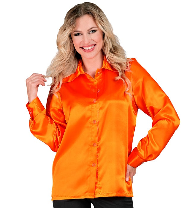 Orange 70s Disco Bluse aus glänzendem Satin für Fasnacht und Mottoparty