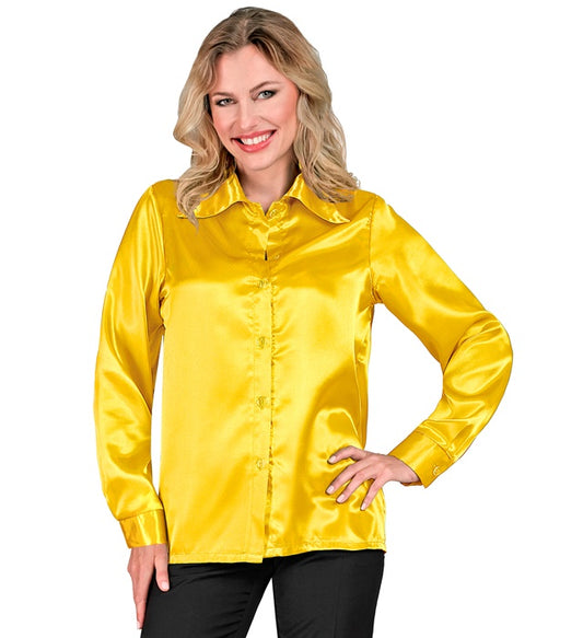 Gelbe 70er Jahre Disco Bluse aus Satin für Fasnacht Kostüm