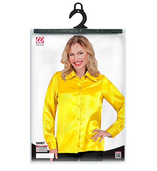 Gelbe 70er Jahre Disco Bluse aus Satin für Fasnacht Kostüm