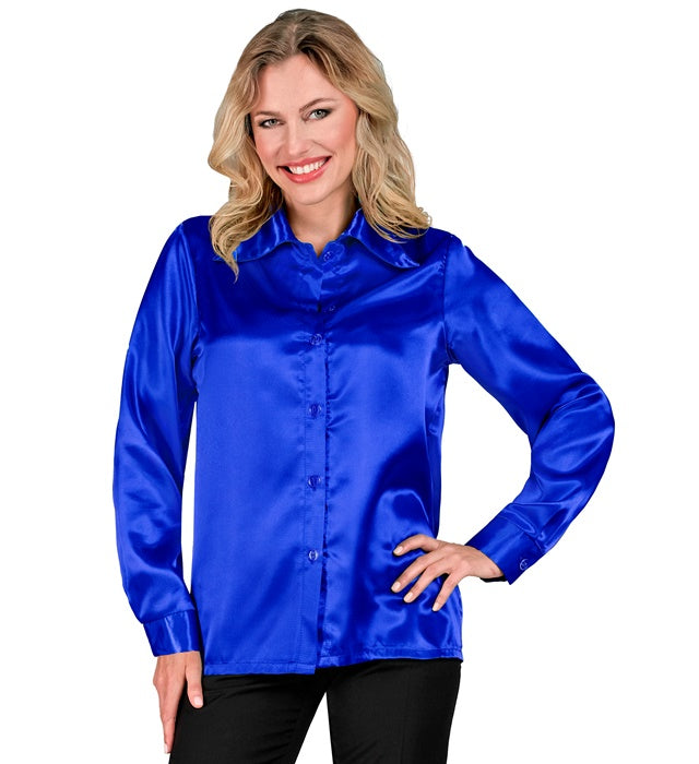 Blaue 70er Jahre Disco Bluse aus Satin mit weitem Kragen für Fasnacht