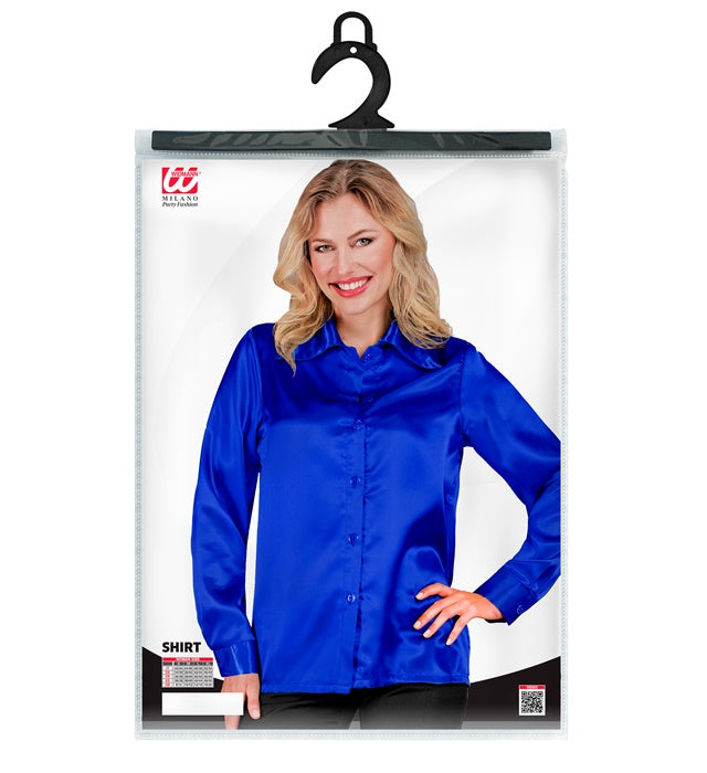 Blaue 70er Jahre Disco Bluse aus Satin mit weitem Kragen für Fasnacht