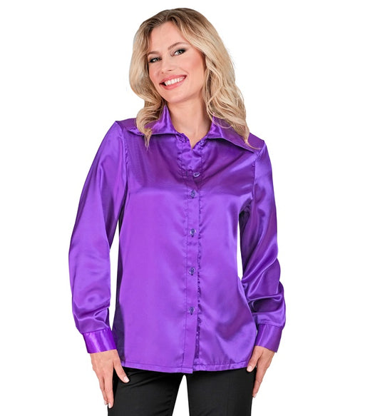 Violette 70er Jahre Disco Bluse aus Satin für Fasnacht und Karneval