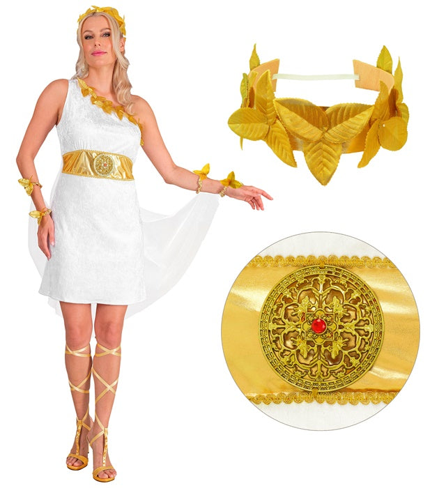 Kostüm der Griechischen Göttin mit weißem Kleid, Gürtel, Umhang, Armbändern und Lorbeerkranz