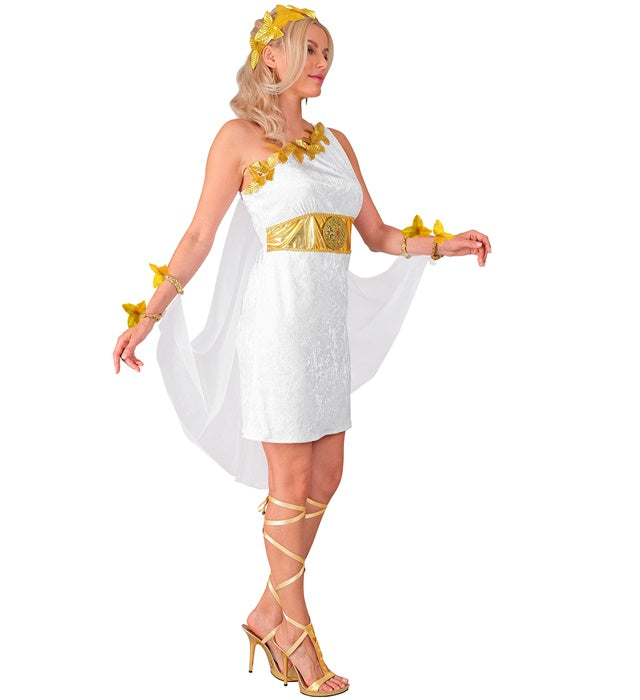 Kostüm der Griechischen Göttin mit weißem Kleid, Gürtel, Umhang, Armbändern und Lorbeerkranz