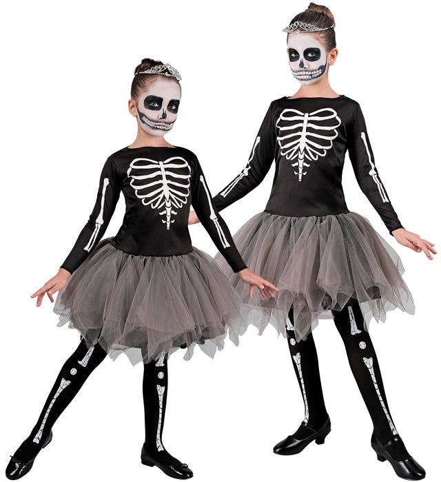 Skeleton Tänzerin Kostüm mit schwarzem Kleid und weißem Tutu