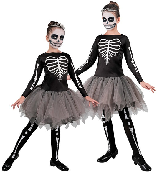 Skeleton Tänzerin Kostüm mit schwarzem Kleid und weißem Tutu