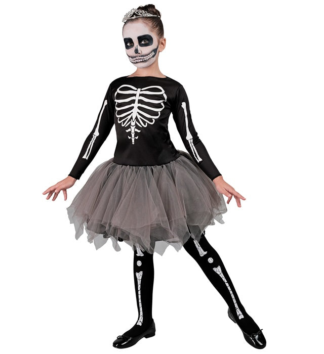 Skeleton Tänzerin Kostüm mit schwarzem Kleid und weißem Tutu