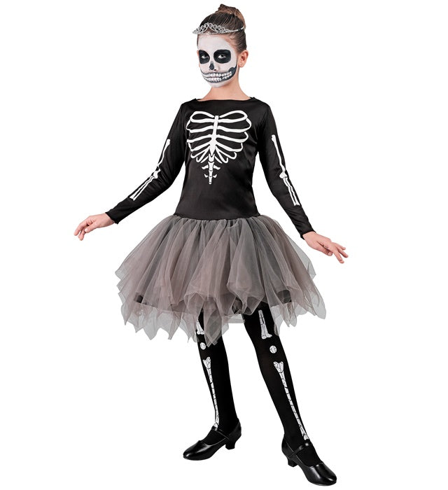 Skeleton Tänzerin Kostüm mit schwarzem Kleid und weißem Tutu