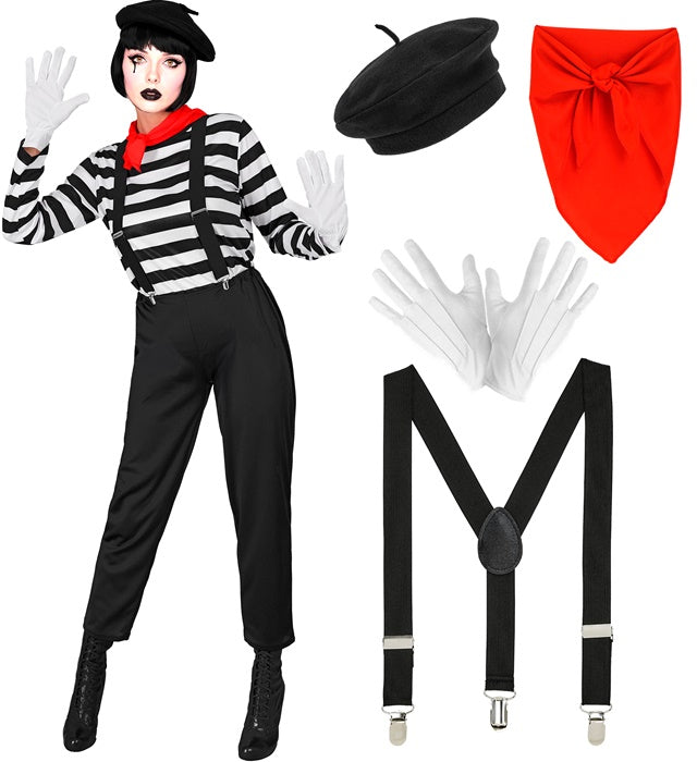 Pantomime Kostüm-Set mit gestreiftem Oberteil, schwarzer Hose, Hosenträgern, Halstuch, Handschuhen und Mütze