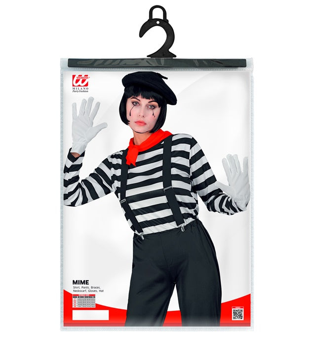 Pantomime Kostüm-Set mit gestreiftem Oberteil, schwarzer Hose, Hosenträgern, Halstuch, Handschuhen und Mütze