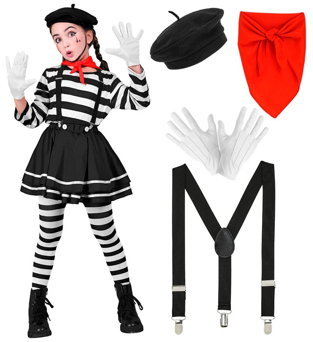 Pantomime-Kostüm mit Oberteil, Rock, Hosenträgern, Halstuch, Handschuhen und Mütze