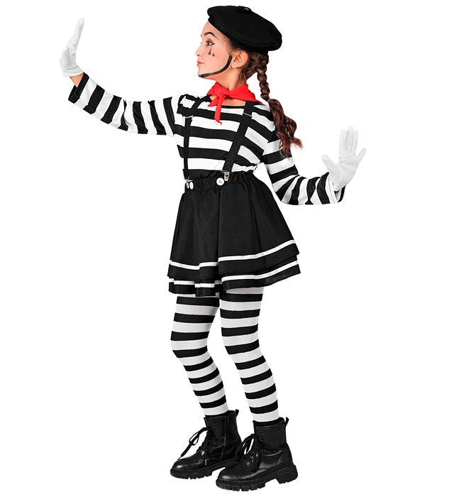 Pantomime-Kostüm mit Oberteil, Rock, Hosenträgern, Halstuch, Handschuhen und Mütze