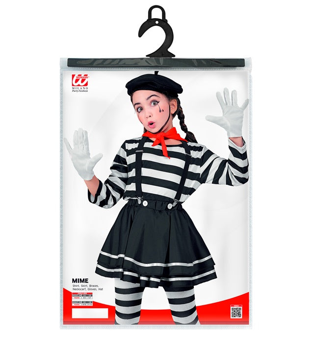 Pantomime-Kostüm mit Oberteil, Rock, Hosenträgern, Halstuch, Handschuhen und Mütze