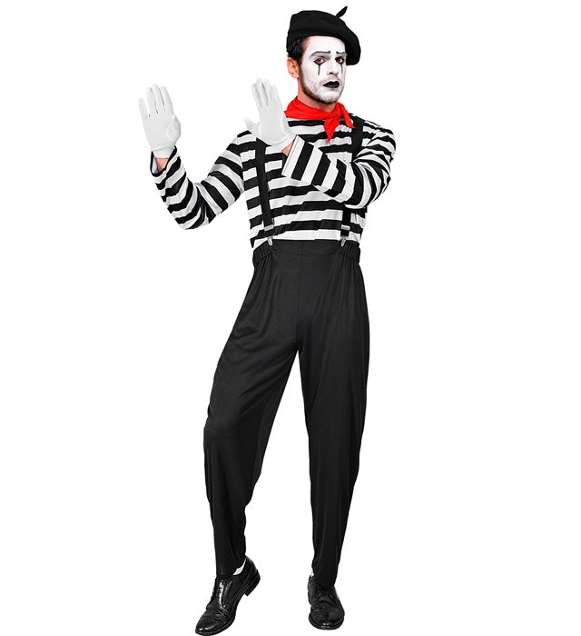 Pantomime Kostüm Set mit gestreiftem Oberteil, schwarzer Hose, Hosenträgern, rotem Halstuch, weißen Handschuhen und schwarzer Mütze