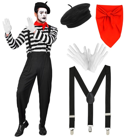 Pantomime Kostüm Set mit gestreiftem Oberteil, schwarzer Hose, Hosenträgern, rotem Halstuch, weißen Handschuhen und schwarzer Mütze