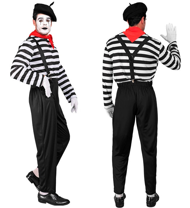 Pantomime Kostüm Set mit gestreiftem Oberteil, schwarzer Hose, Hosenträgern, rotem Halstuch, weißen Handschuhen und schwarzer Mütze