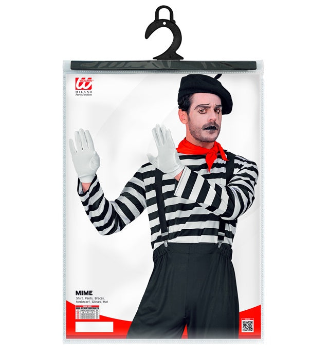 Pantomime Kostüm Set mit gestreiftem Oberteil, schwarzer Hose, Hosenträgern, rotem Halstuch, weißen Handschuhen und schwarzer Mütze