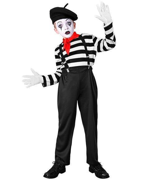 Pantomime Kostüm Set mit gestreiftem Oberteil, Hose, Hosenträger, Halstuch, Handschuhen und Mütze