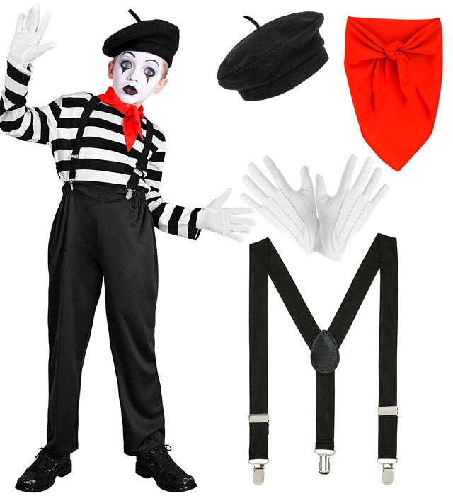 Pantomime Kostüm Set mit gestreiftem Oberteil, Hose, Hosenträger, Halstuch, Handschuhen und Mütze