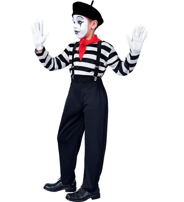 Pantomime Kostüm Set mit gestreiftem Oberteil, Hose, Hosenträger, Halstuch, Handschuhen und Mütze
