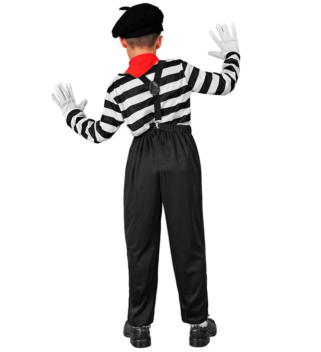 Pantomime Kostüm Set mit gestreiftem Oberteil, Hose, Hosenträger, Halstuch, Handschuhen und Mütze
