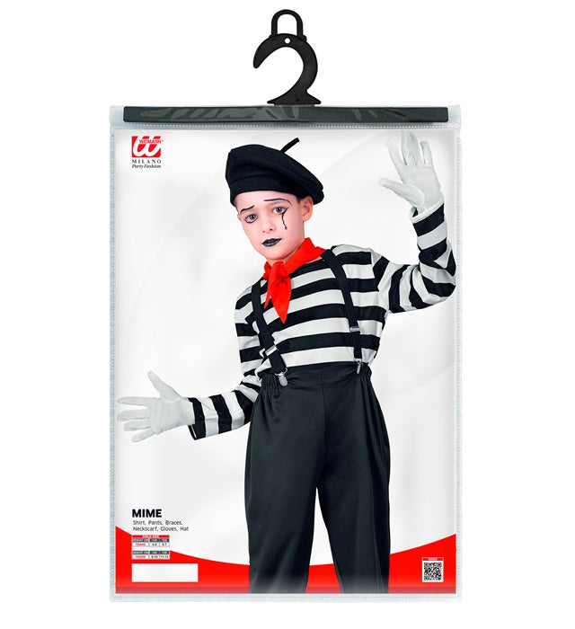Pantomime Kostüm Set mit gestreiftem Oberteil, Hose, Hosenträger, Halstuch, Handschuhen und Mütze
