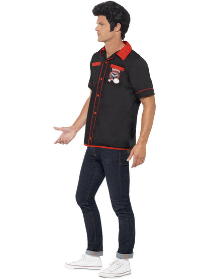 Smiffys 1950s Bowling-Shirt schwarz mit Strike-It-Lucky-Motiven – Seitenansicht