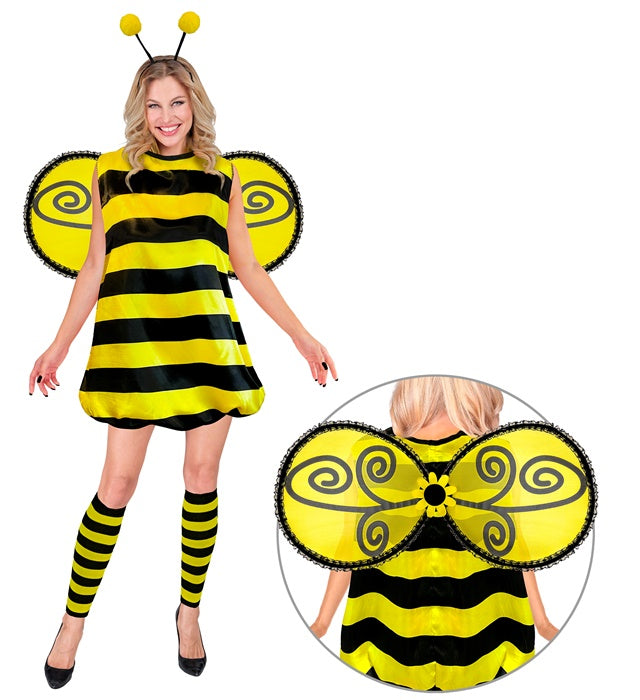 Bienenkostüm Set mit gestreiftem Kleid, schwarzen und gelben Flügeln, Stulpen und Fühlern für Fasnacht