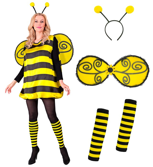 Bienenkostüm Set mit gestreiftem Kleid, schwarzen und gelben Flügeln, Stulpen und Fühlern für Fasnacht