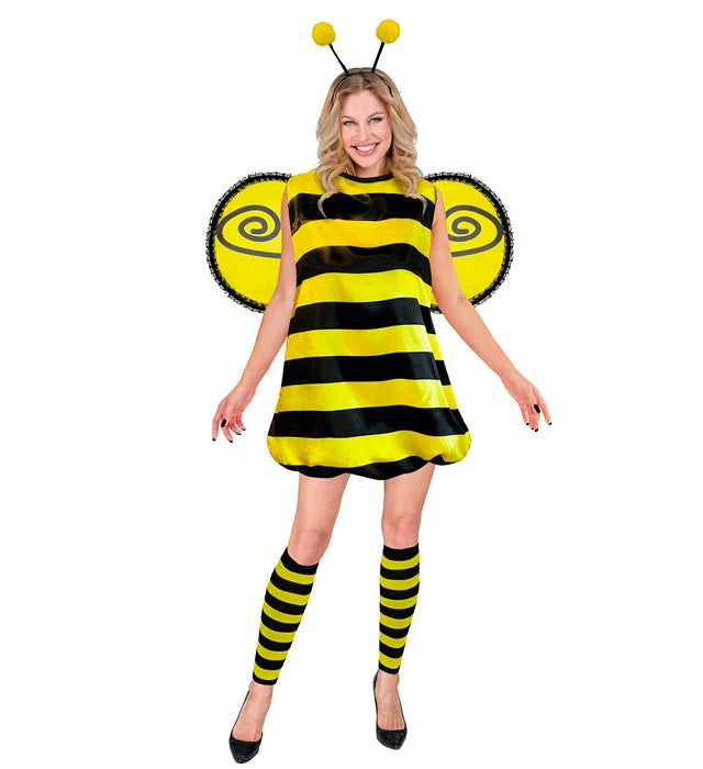 Bienenkostüm Set mit gestreiftem Kleid, schwarzen und gelben Flügeln, Stulpen und Fühlern für Fasnacht