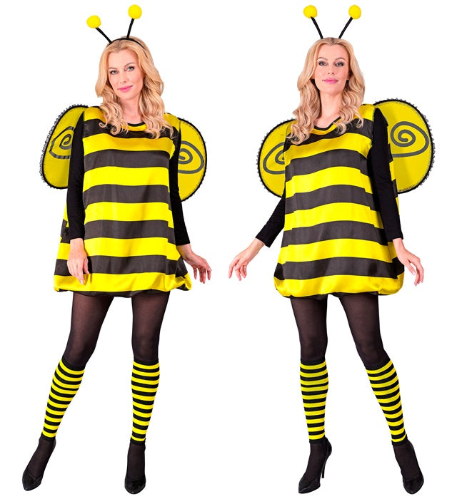 Bienenkostüm Set mit gestreiftem Kleid, schwarzen und gelben Flügeln, Stulpen und Fühlern für Fasnacht